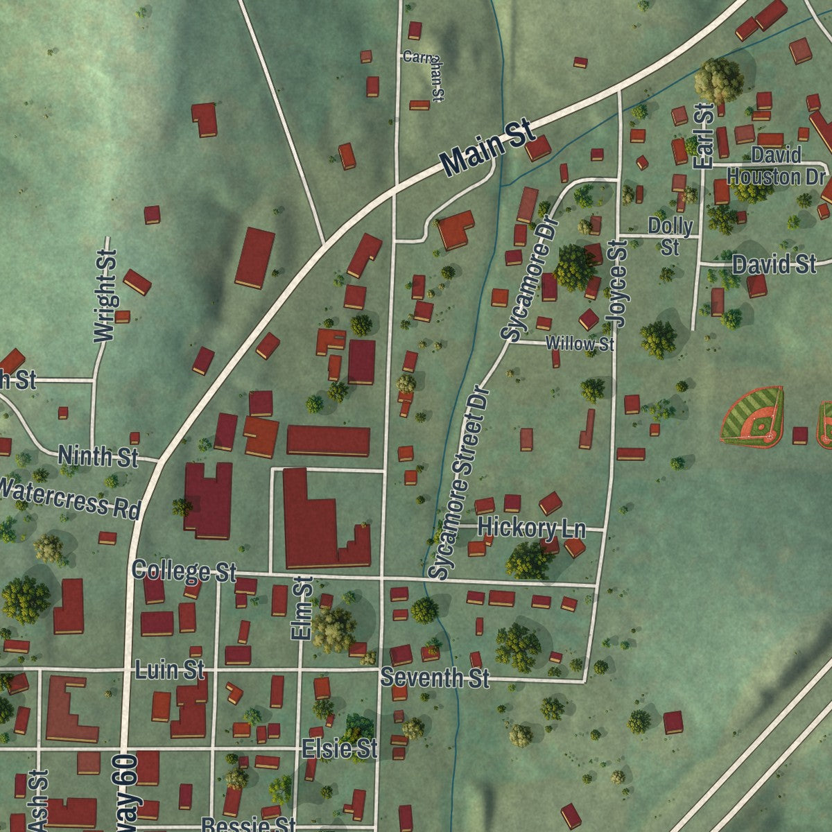 Close-up of the map of Van Buren, Missouri print showing street and building detail