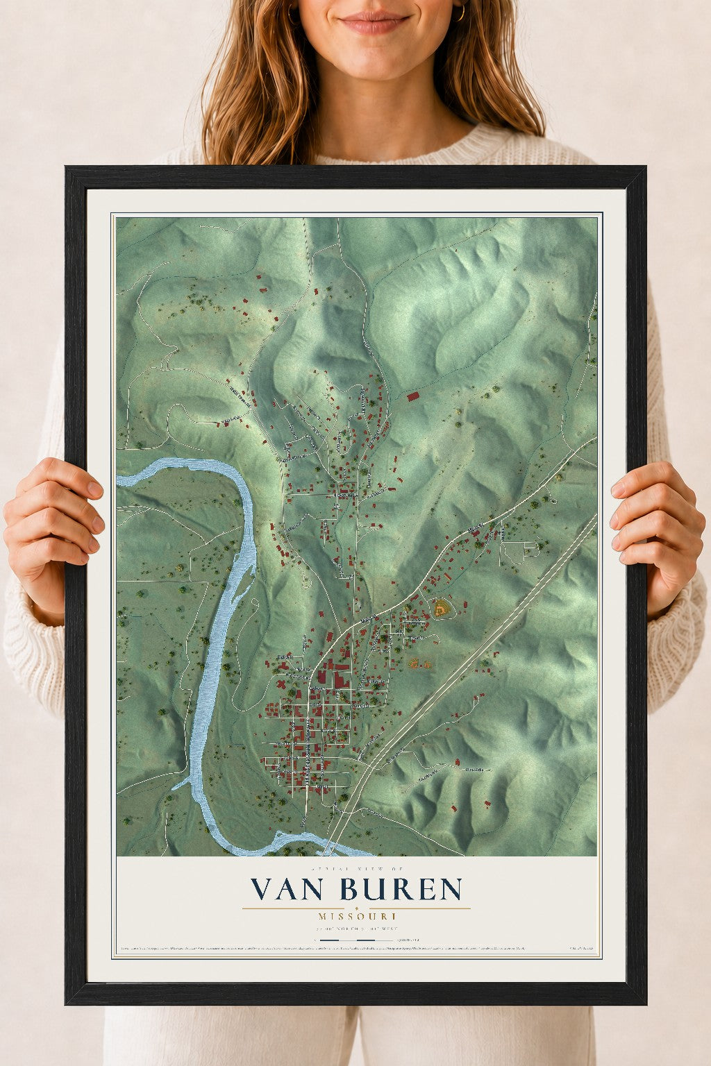 Map of Van Buren, Missouri, 18 x 24 inch print in a black wood frame