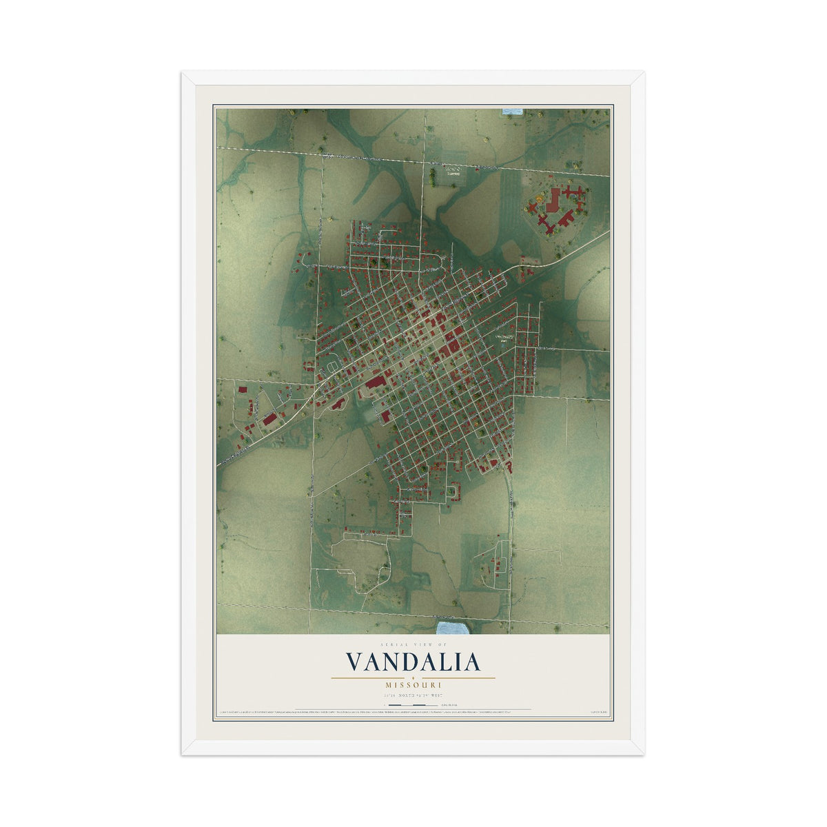 Map of Vandalia, Missouri, 12 x 18 inch print in a white wood frame