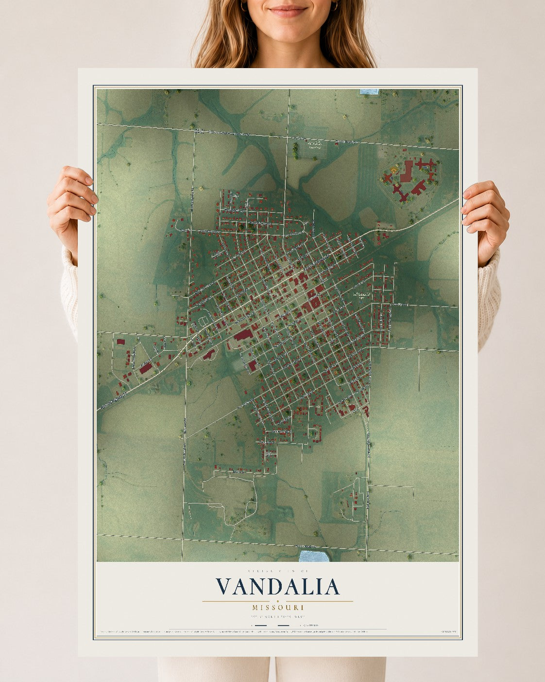 Map of Vandalia, Missouri, 24 x 36 inch unframed archival matte print