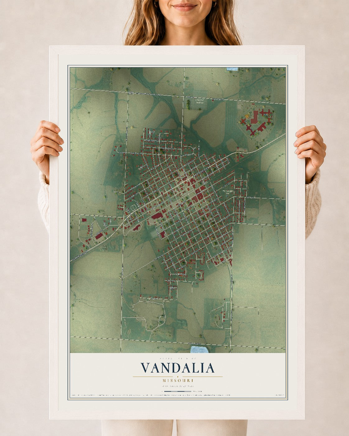 Map of Vandalia, Missouri, 24 x 36 inch print in a white wood frame