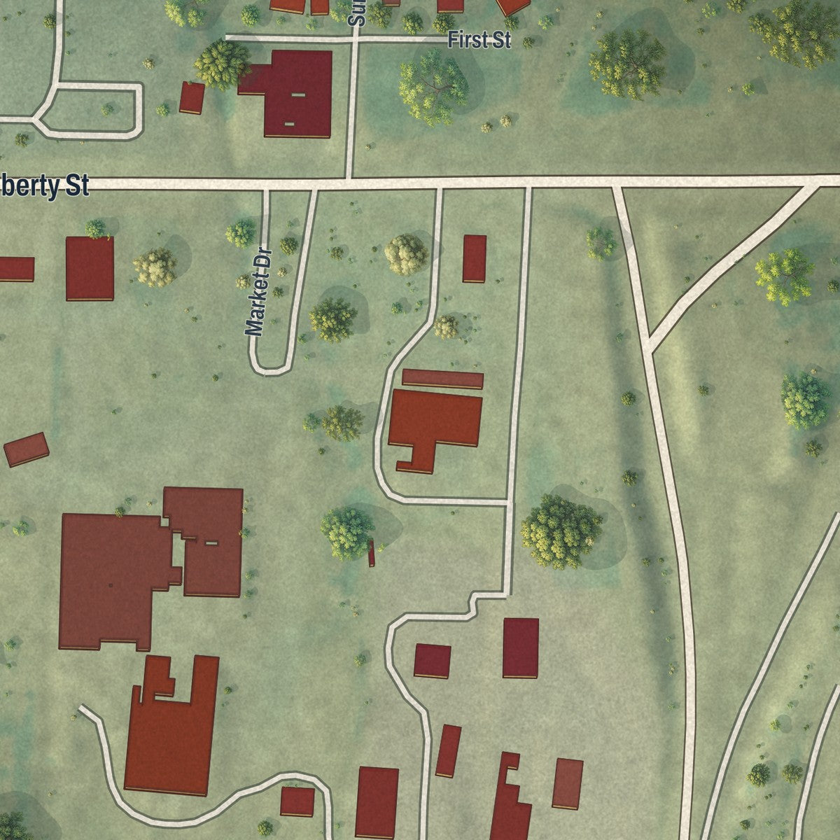 Close-up of the map of Vandiver, Missouri print showing street and building detail