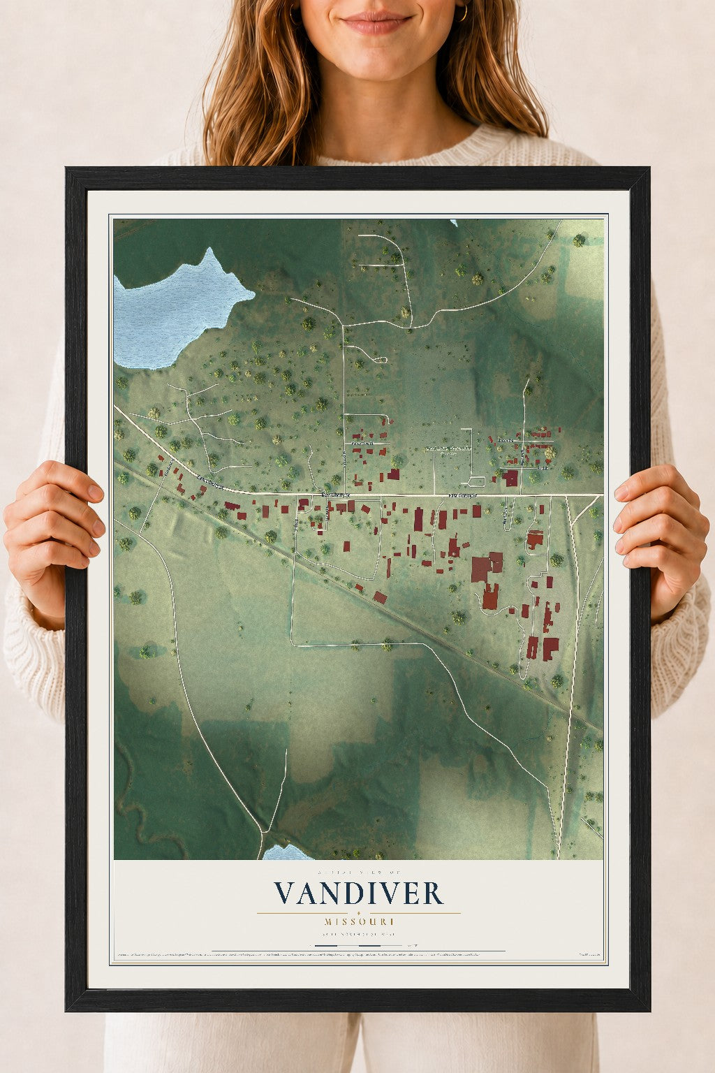 Map of Vandiver, Missouri, 18 x 24 inch print in a black wood frame