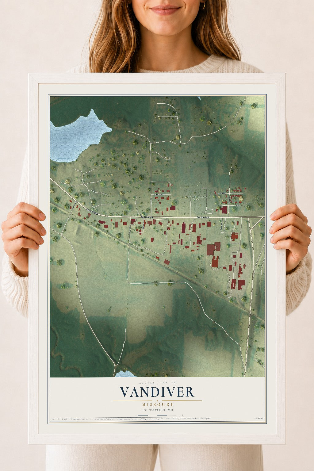 Map of Vandiver, Missouri, 18 x 24 inch print in a white wood frame