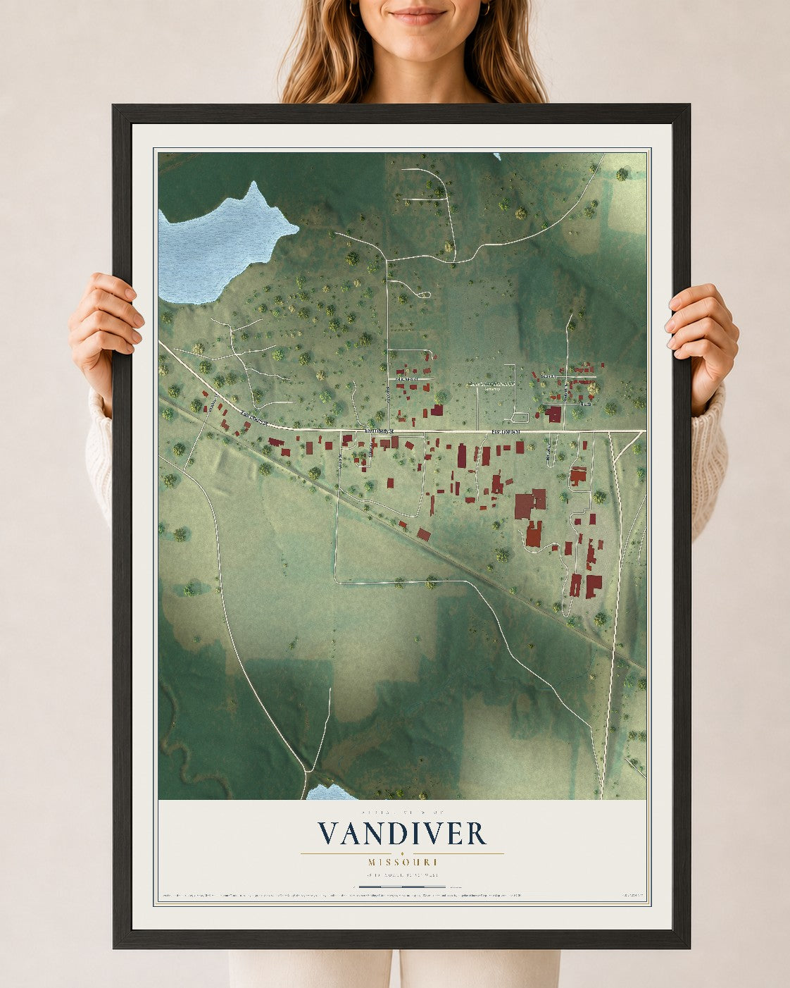 Map of Vandiver, Missouri, 24 x 36 inch print in a black wood frame