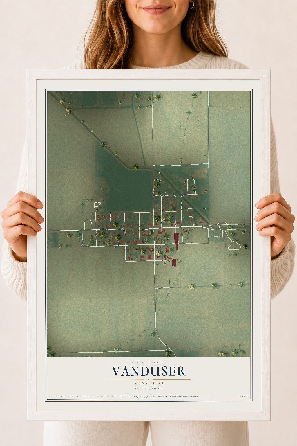 Map of Vanduser, Missouri, 18 x 24 inch print in a white wood frame