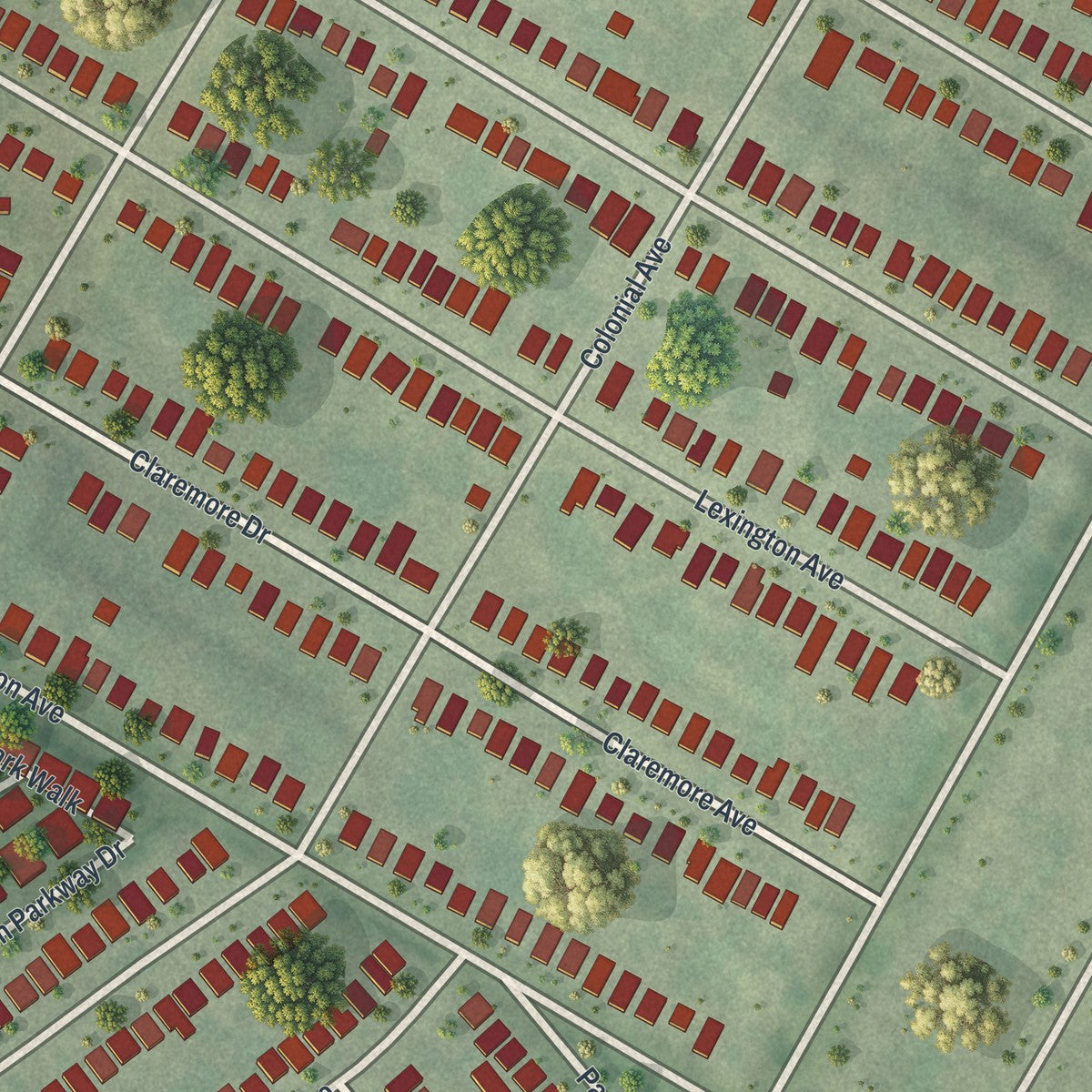 Close-up of the map of Velda City, Missouri print showing street and building detail