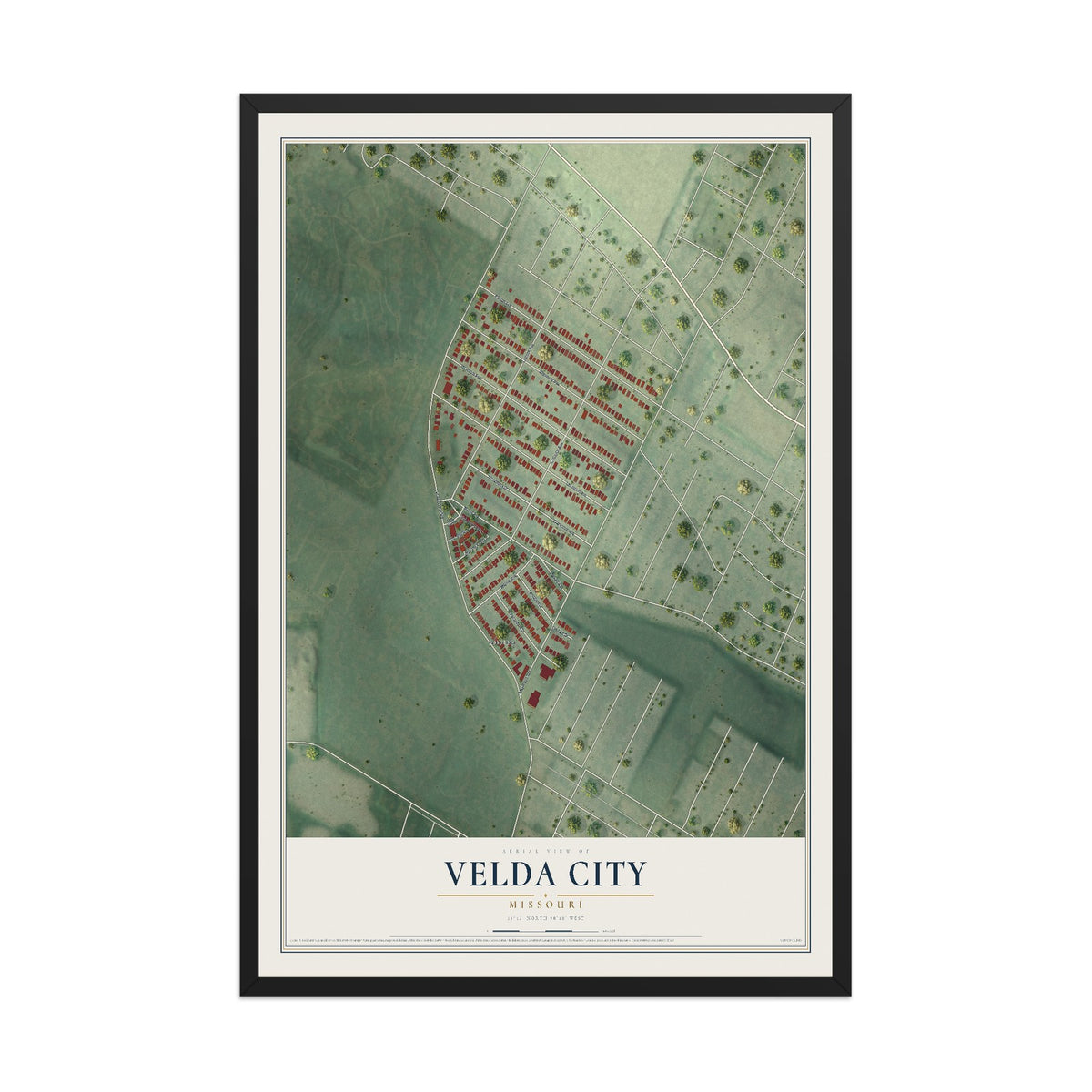 Map of Velda City, Missouri, 12 x 18 inch print in a black wood frame
