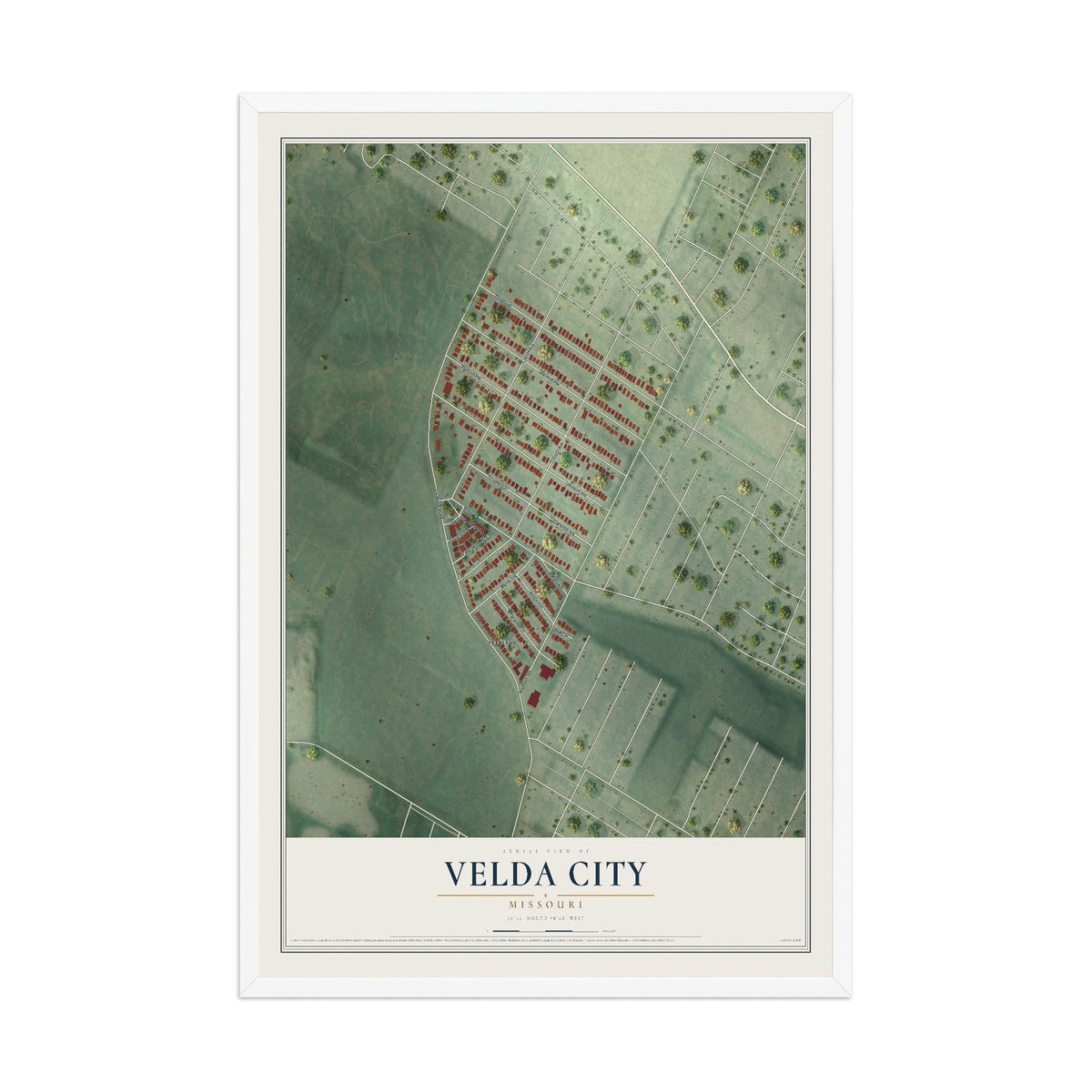 Map of Velda City, Missouri, 12 x 18 inch print in a white wood frame