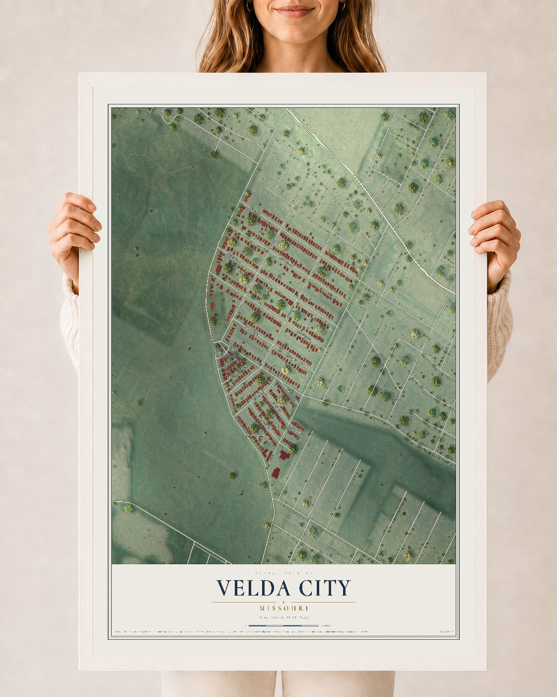Map of Velda City, Missouri, 24 x 36 inch print in a white wood frame
