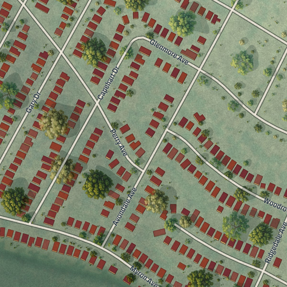 Close-up of the map of Velda Village Hills, Missouri print showing street and building detail