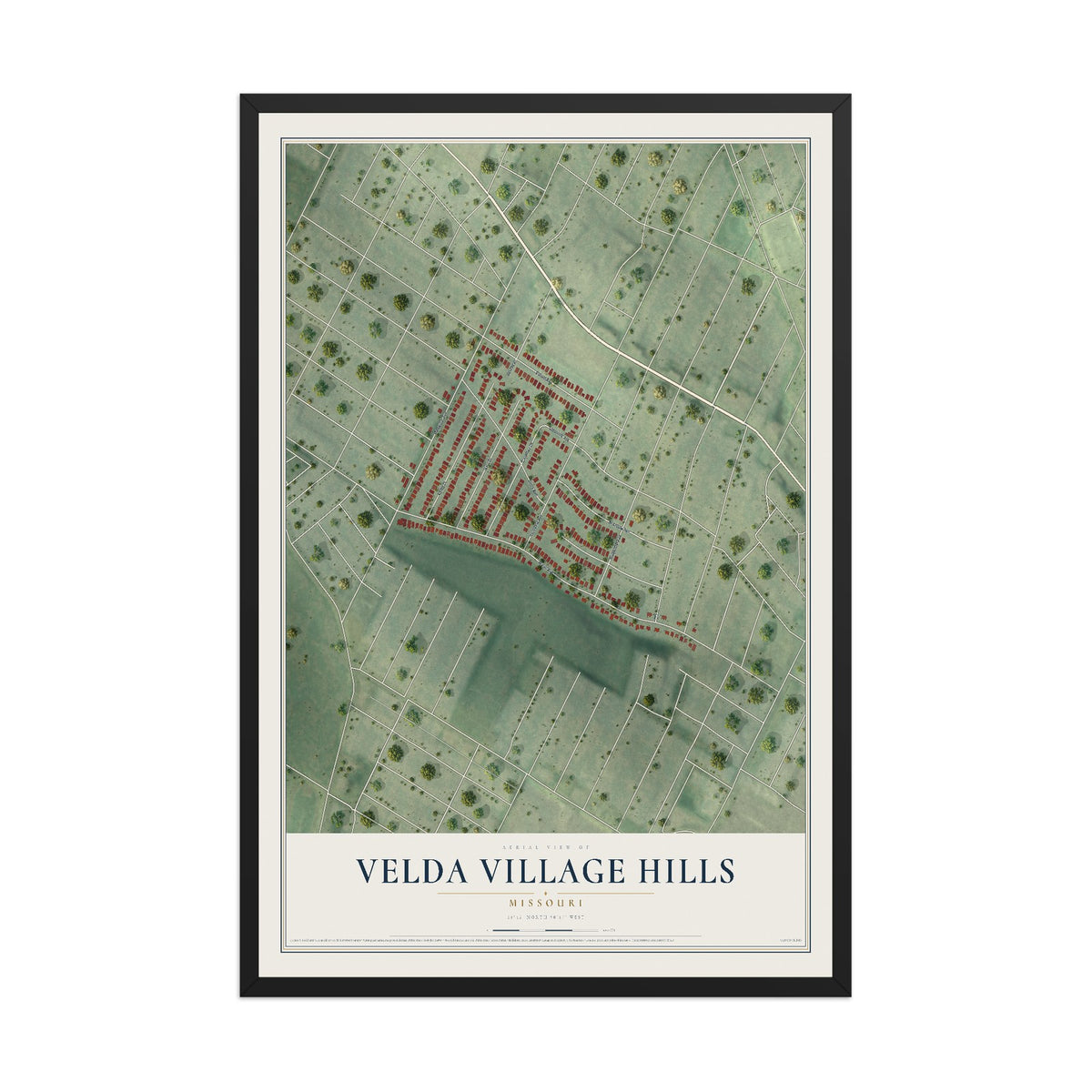 Map of Velda Village Hills, Missouri, 12 x 18 inch print in a black wood frame