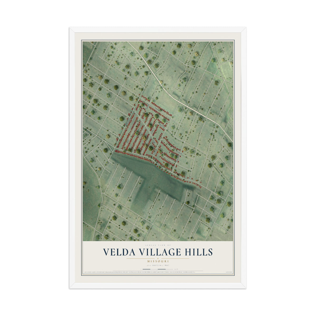 Map of Velda Village Hills, Missouri, 12 x 18 inch print in a white wood frame