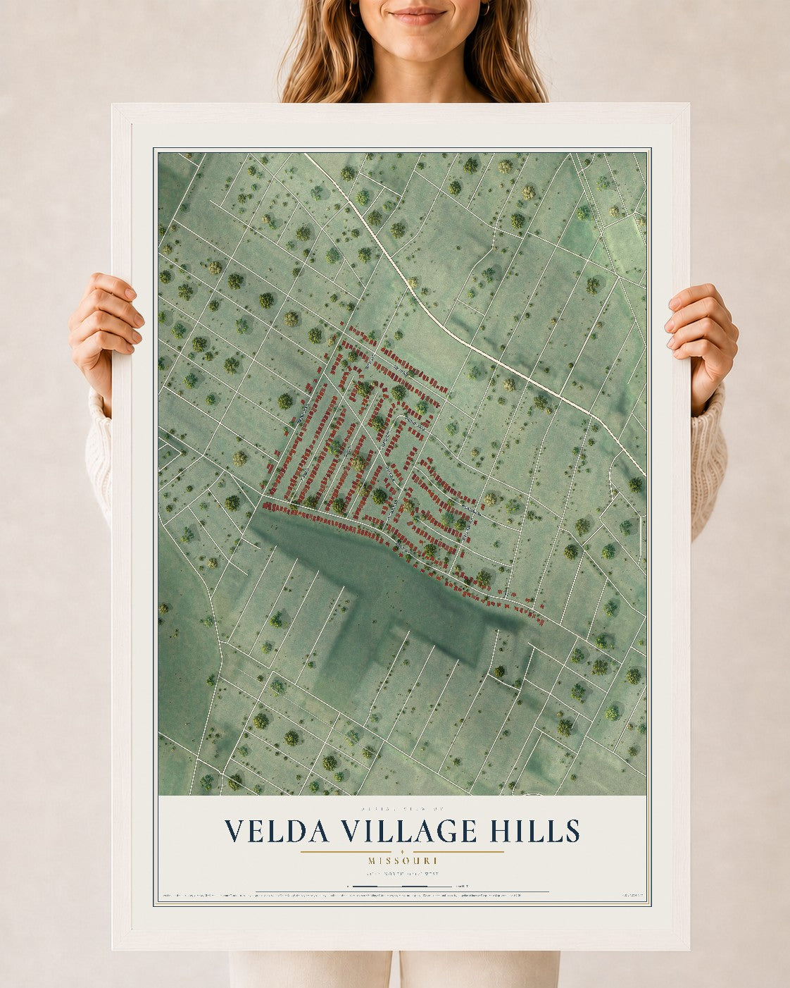 Map of Velda Village Hills, Missouri, 24 x 36 inch print in a white wood frame