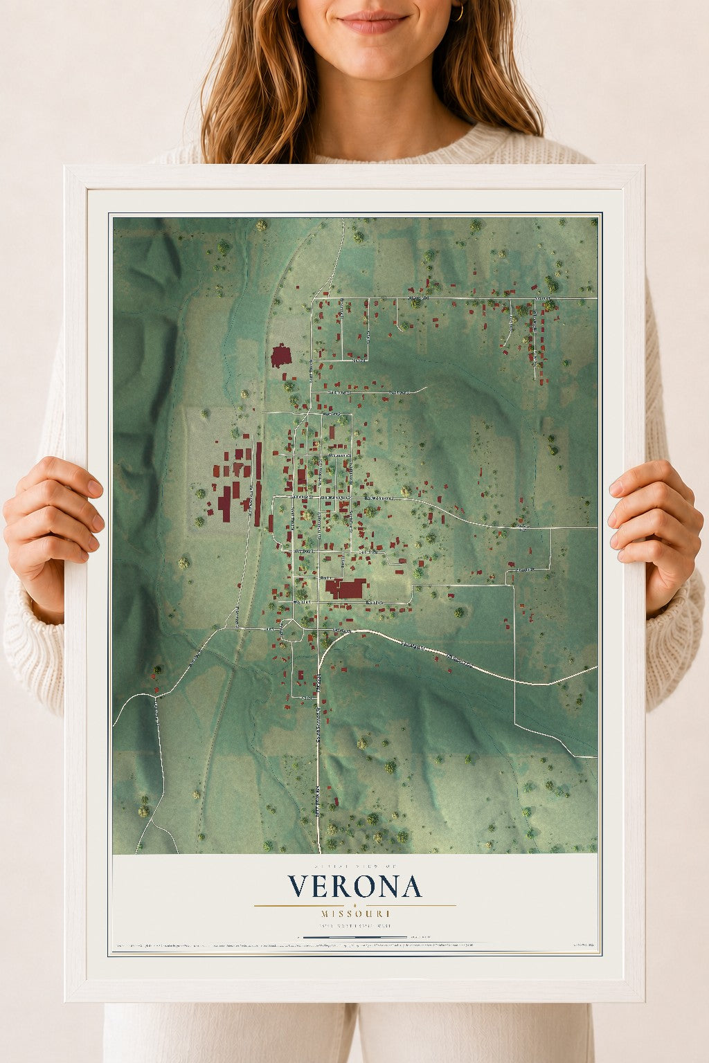 Map of Verona, Missouri, 18 x 24 inch print in a white wood frame