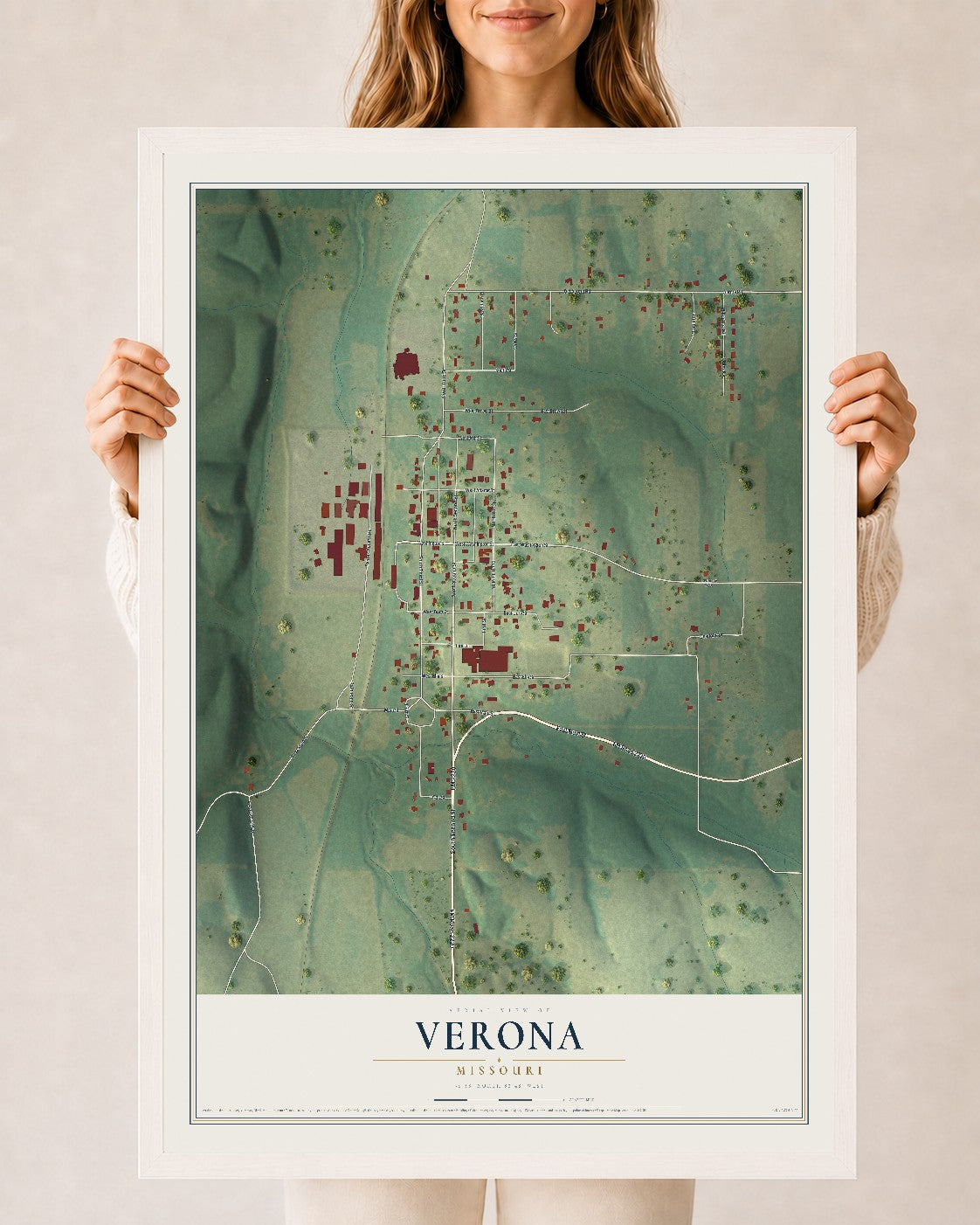 Map of Verona, Missouri, 24 x 36 inch print in a white wood frame