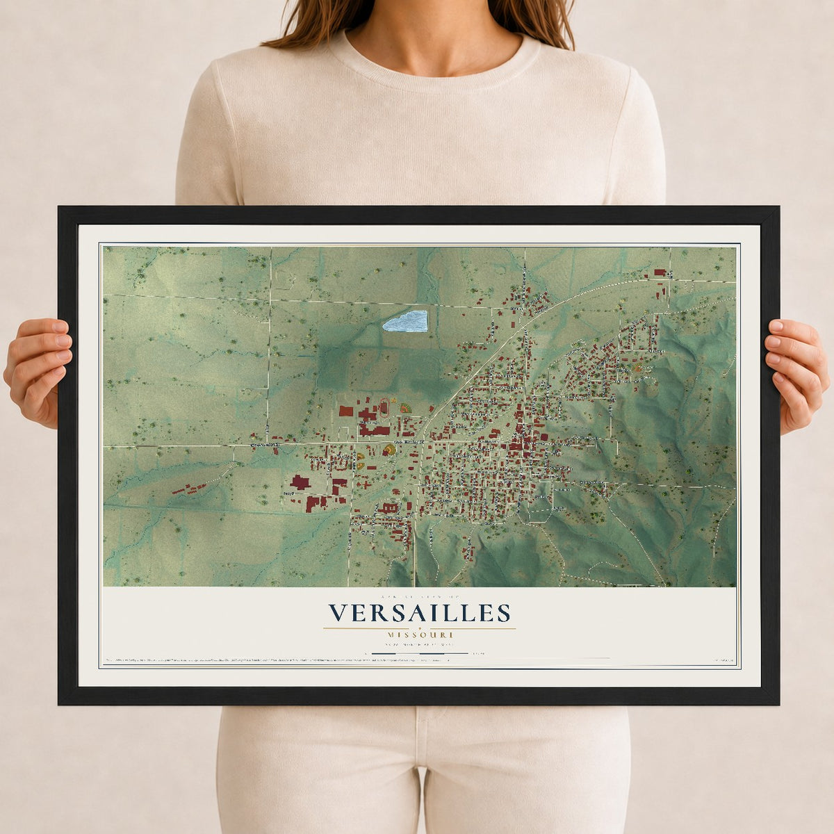 Map of Versailles, Missouri, 12 x 18 inch print in a black wood frame