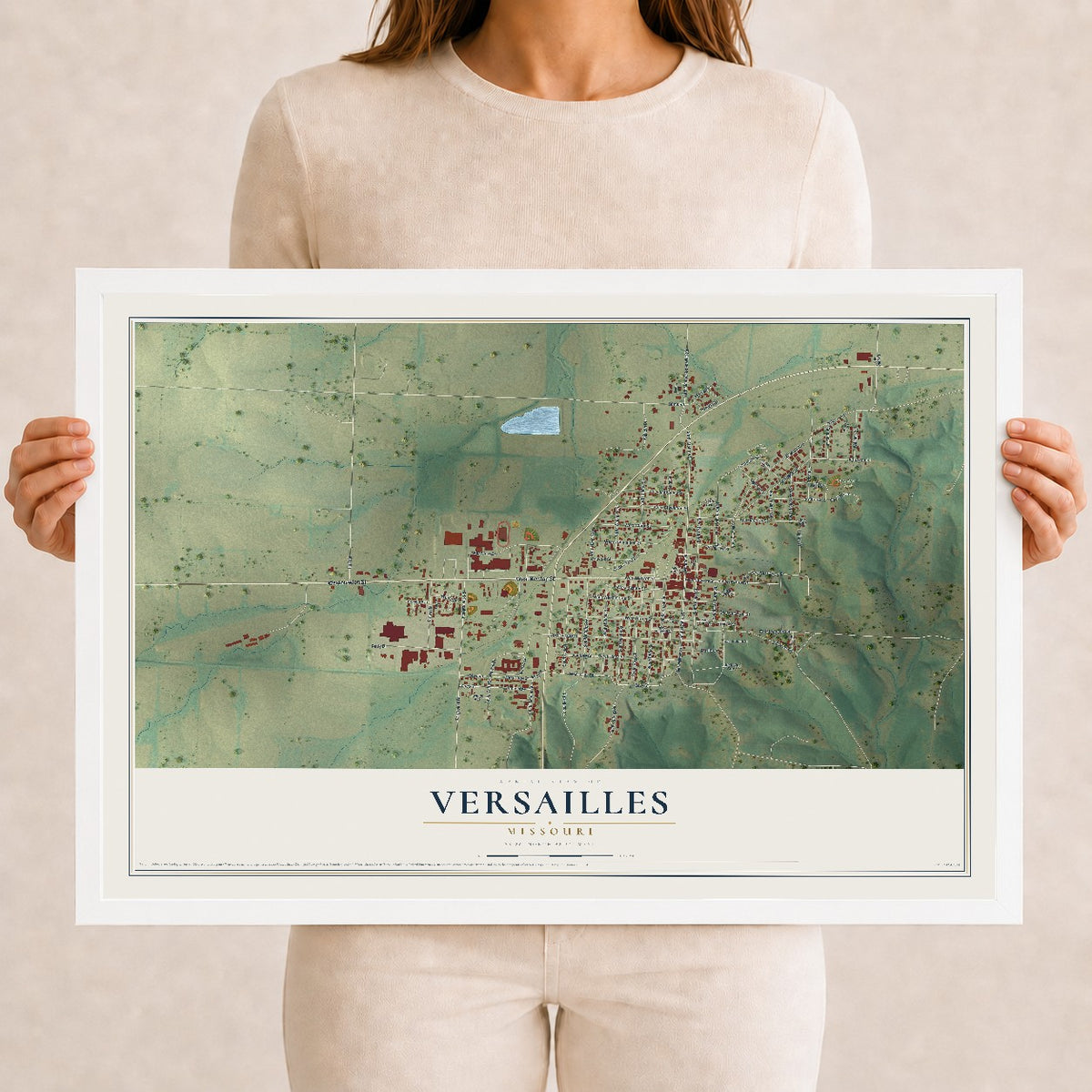 Map of Versailles, Missouri, 12 x 18 inch print in a white wood frame