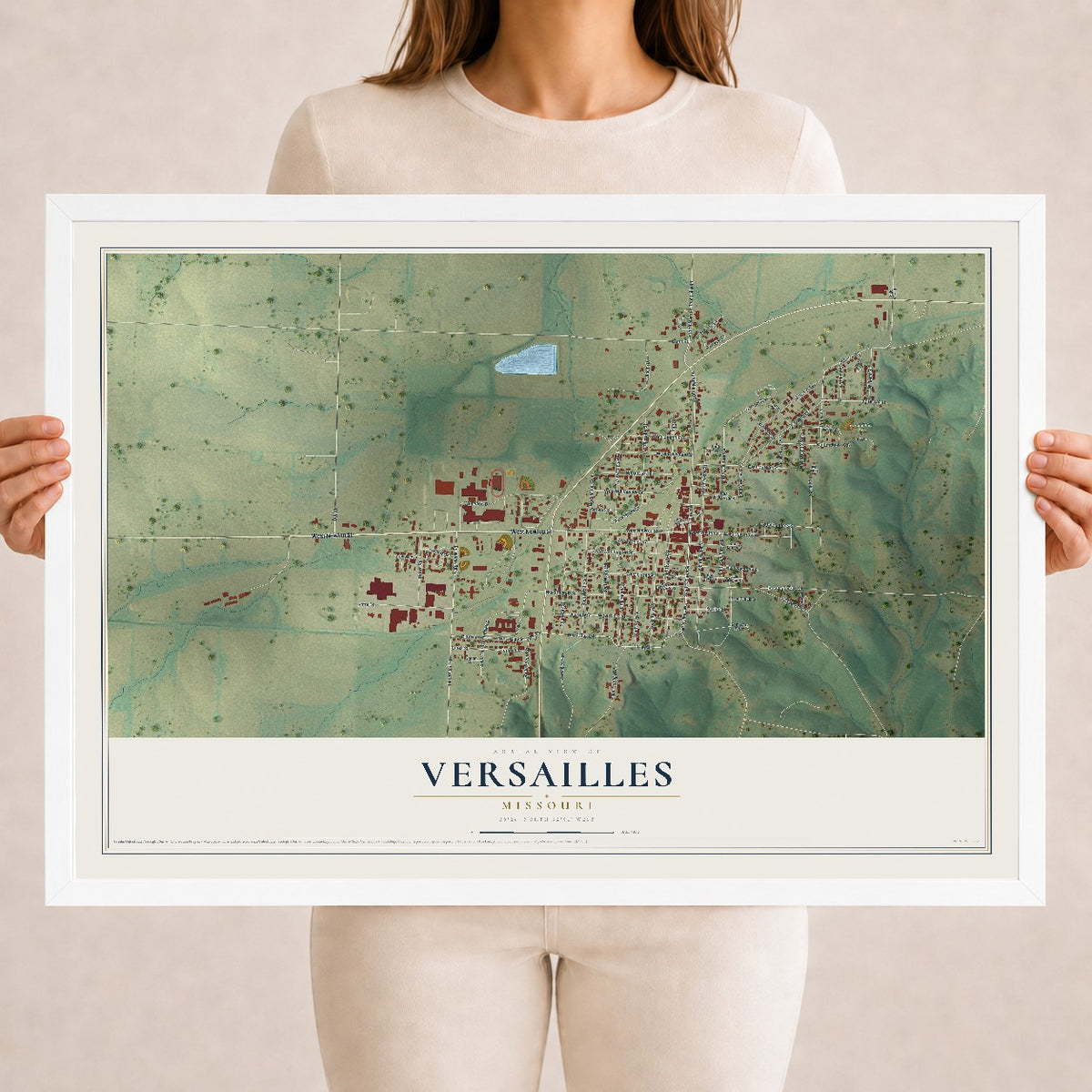 Map of Versailles, Missouri, 18 x 24 inch print in a white wood frame
