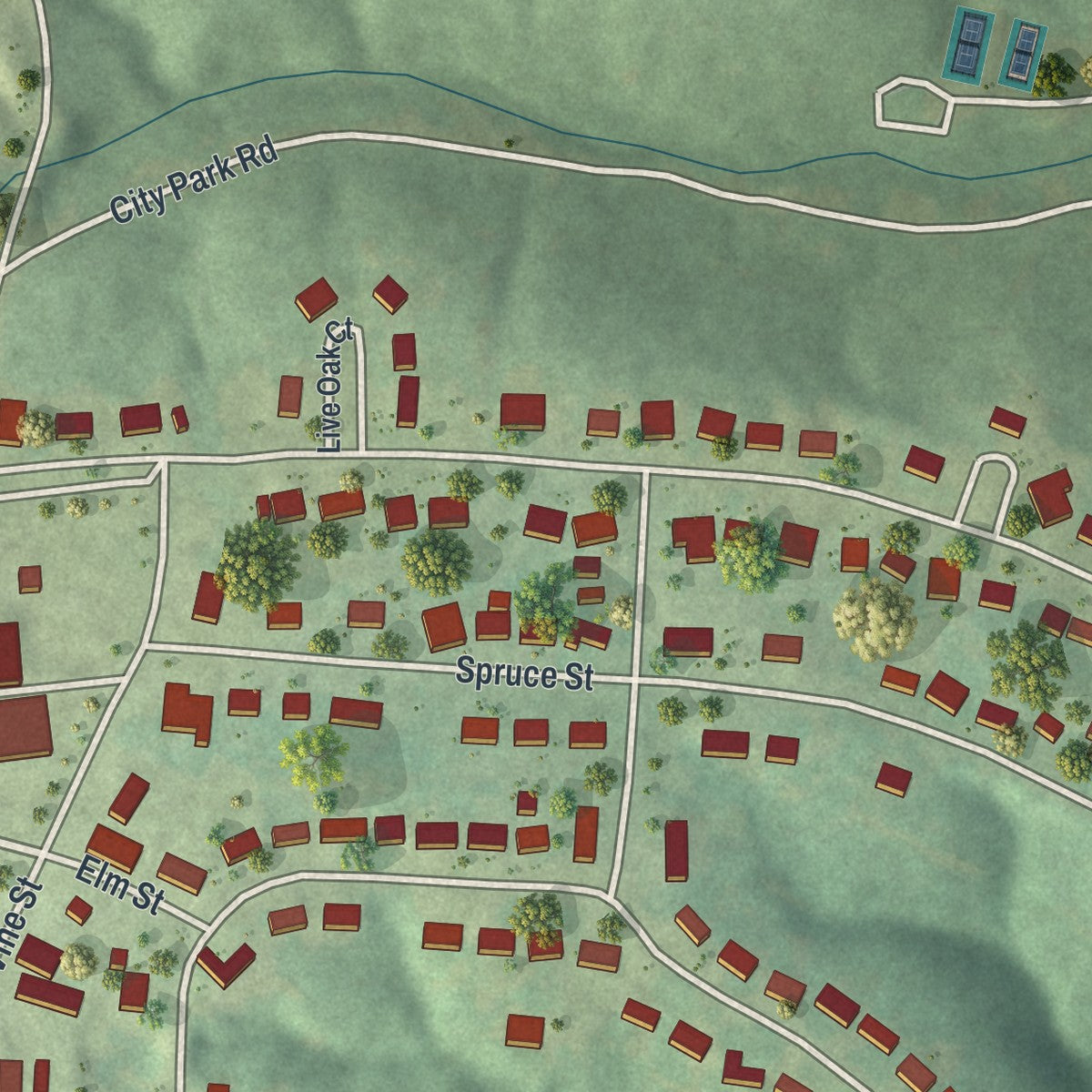 Close-up of the map of Viburnum, Missouri print showing street and building detail