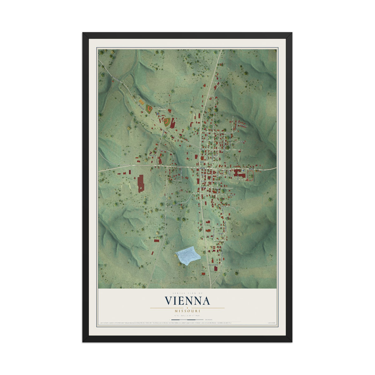 Map of Vienna, Missouri, 12 x 18 inch print in a black wood frame