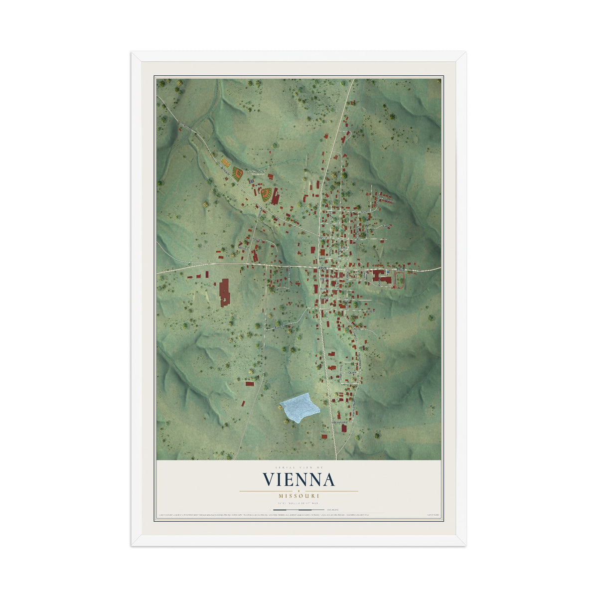 Map of Vienna, Missouri, 12 x 18 inch print in a white wood frame