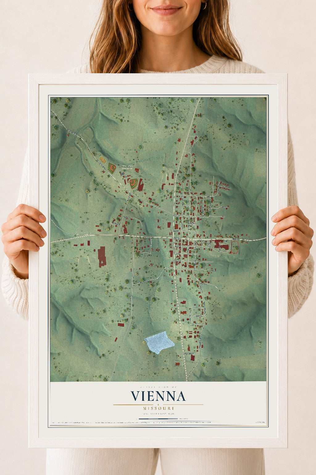 Map of Vienna, Missouri, 18 x 24 inch print in a white wood frame