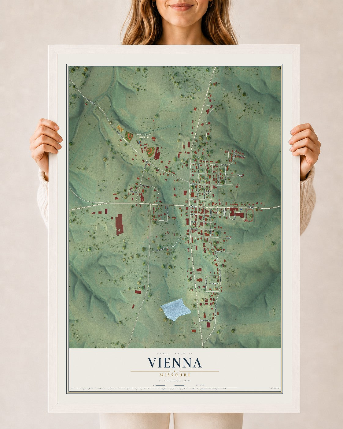 Map of Vienna, Missouri, 24 x 36 inch print in a white wood frame