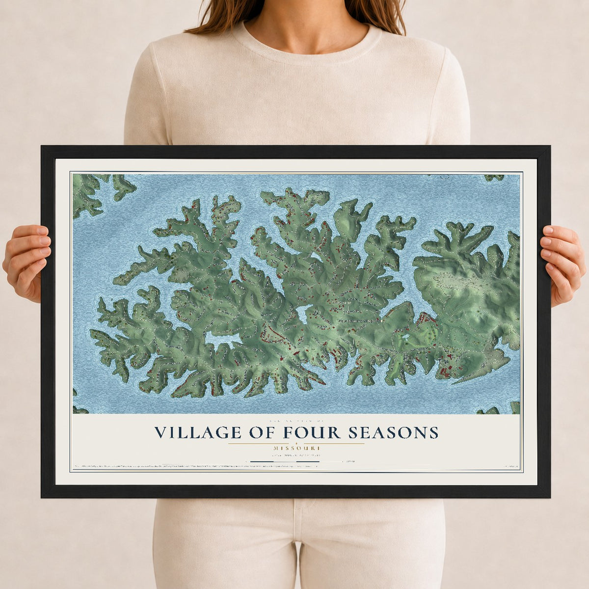 Map of the Village of Four Seasons, Missouri, 12 x 18 inch print in a black wood frame