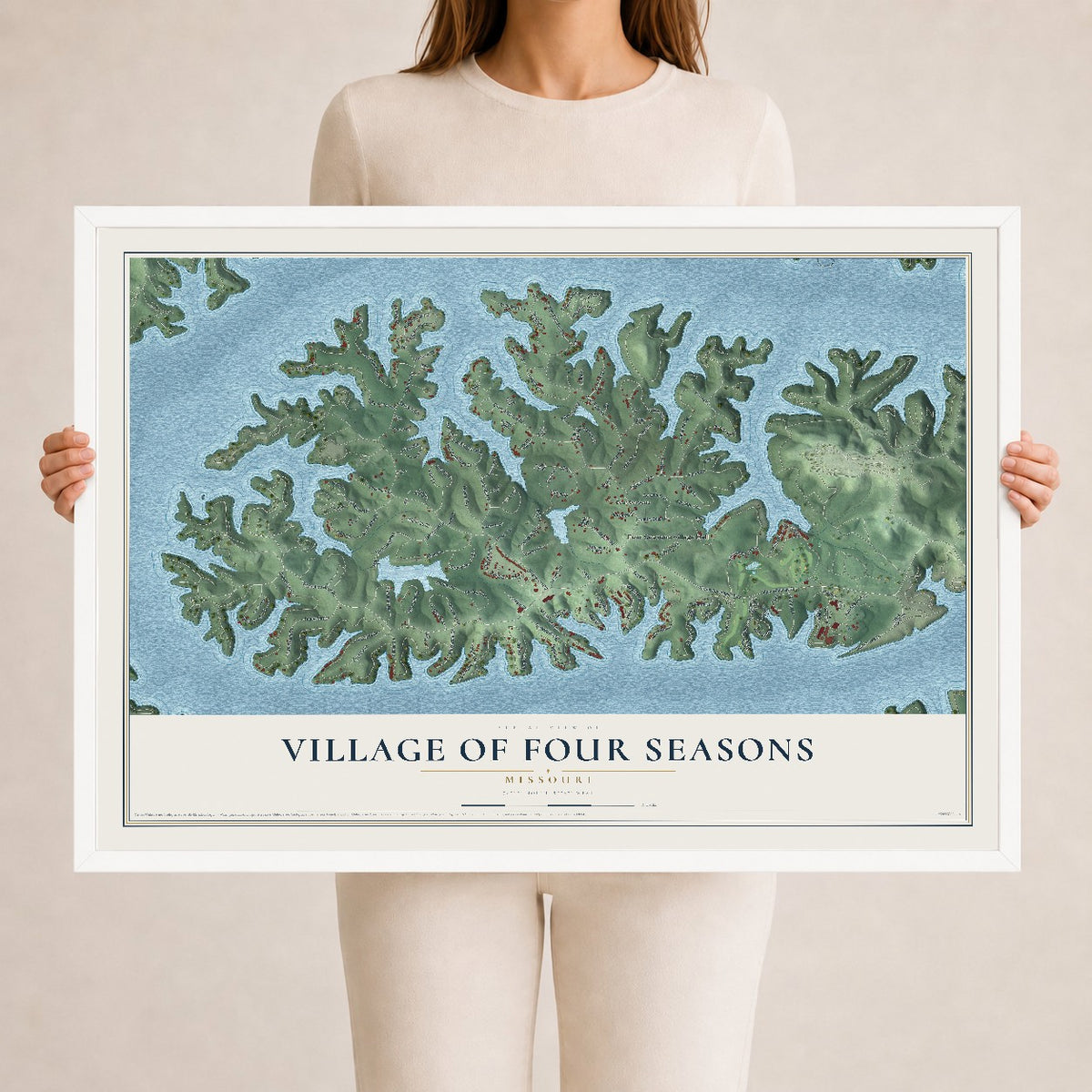 Map of the Village of Four Seasons, Missouri, 24 x 36 inch print in a white wood frame