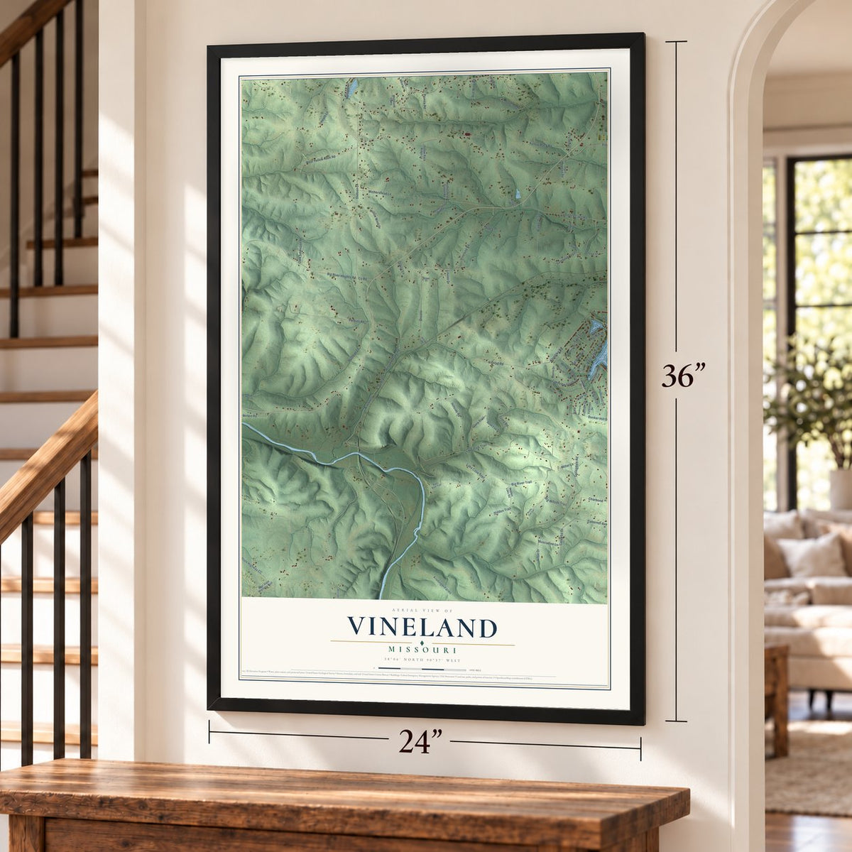 Vineland, Missouri map, 24 x 36 inch print in a black frame by a staircase