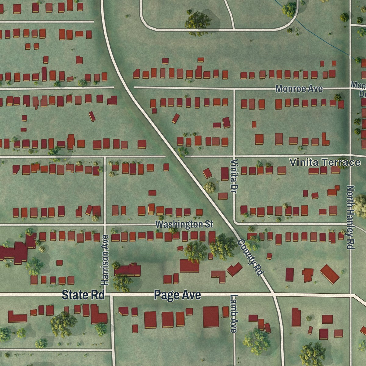Close-up of the map of Vinita Park, Missouri print showing street and building detail