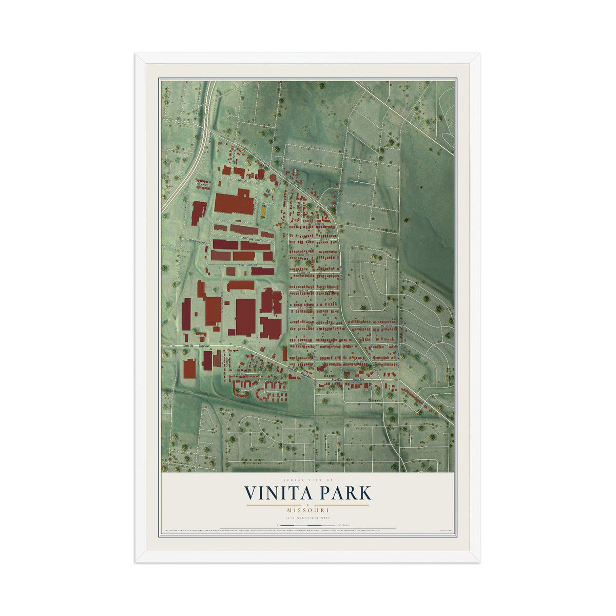 Map of Vinita Park, Missouri, 12 x 18 inch print in a white wood frame