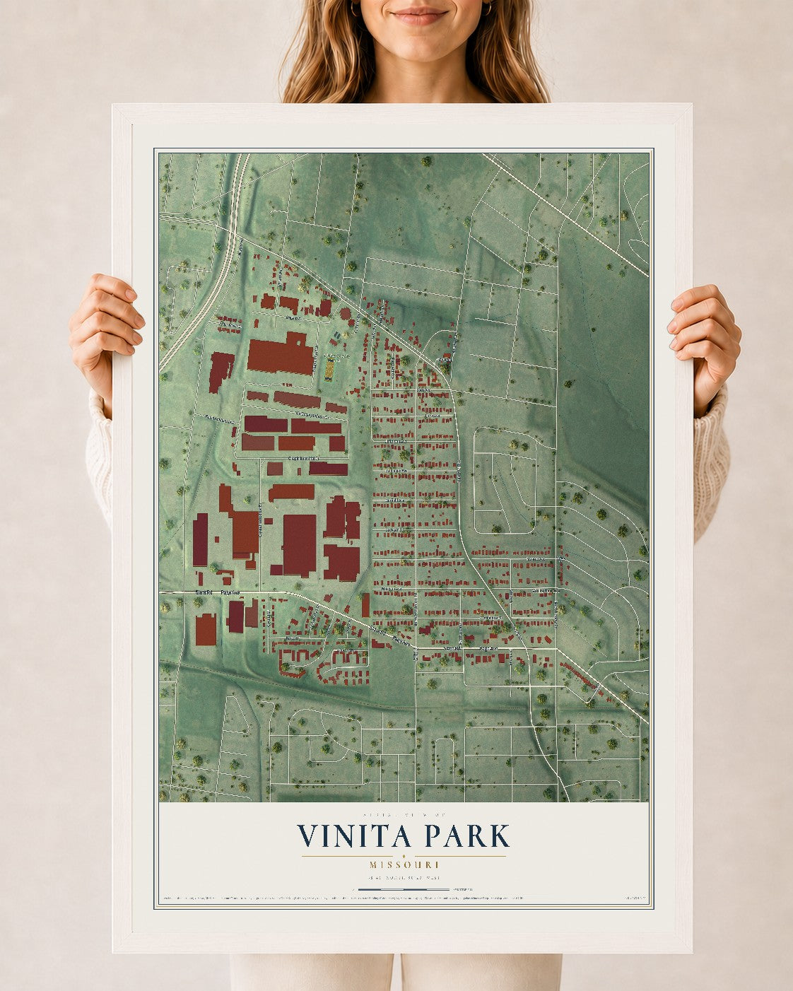 Map of Vinita Park, Missouri, 24 x 36 inch print in a white wood frame