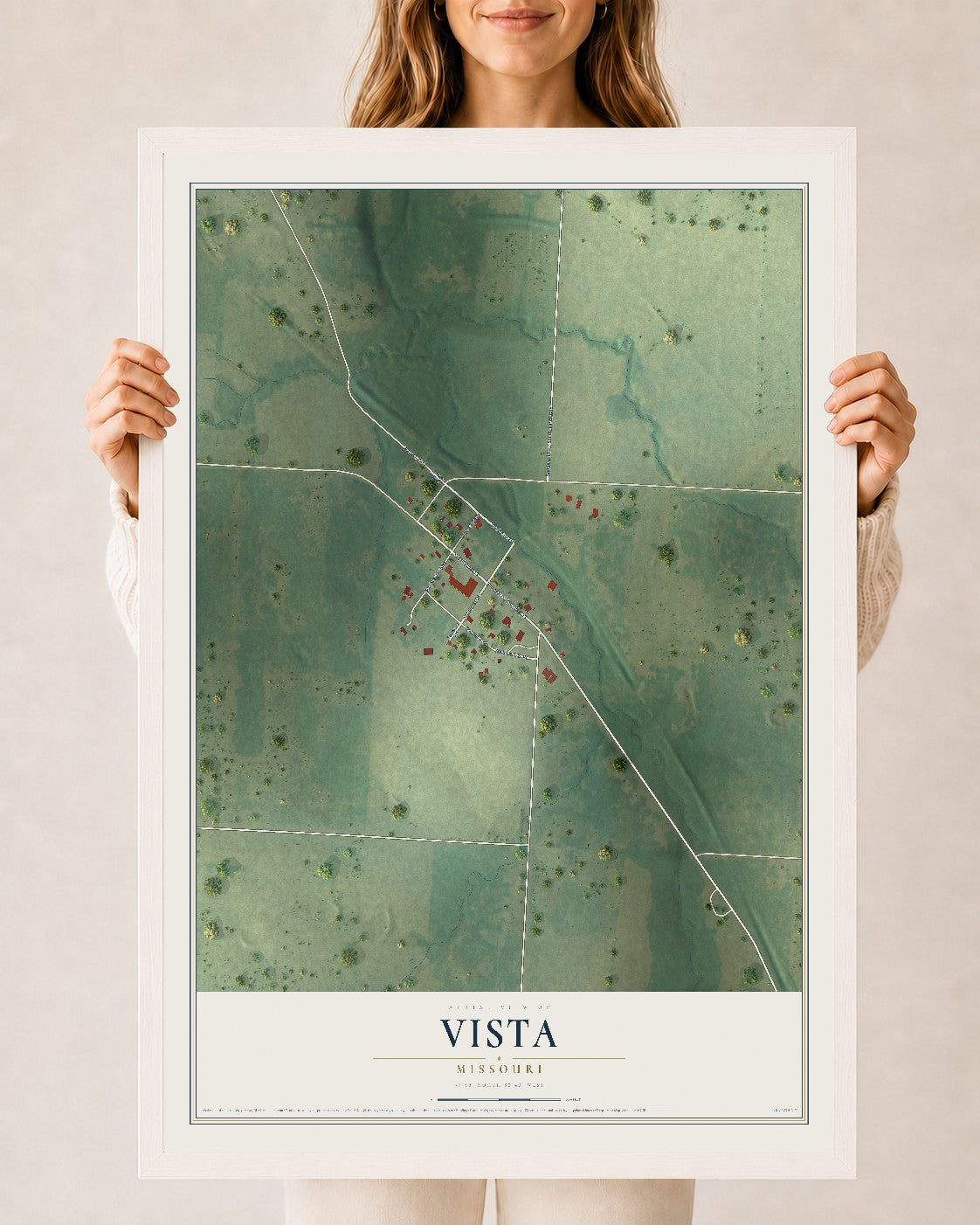 Map of Vista, Missouri, 24 x 36 inch print in a white wood frame