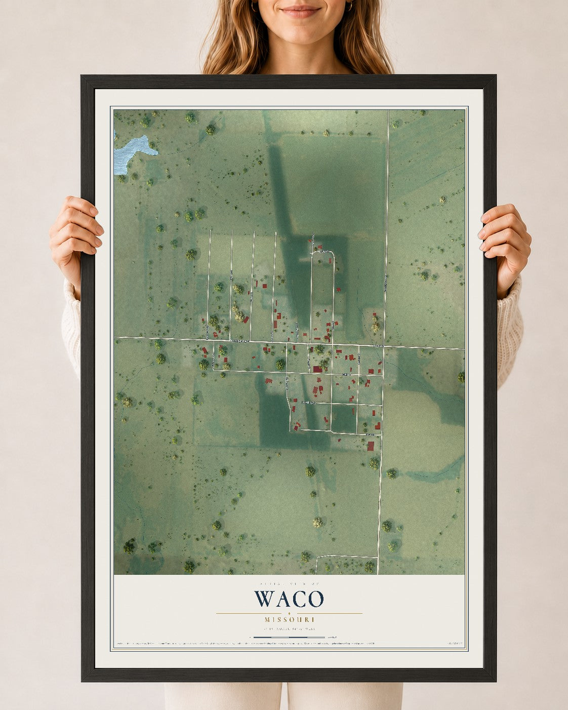 Map of Waco, Missouri, 24 x 36 inch print in a black wood frame