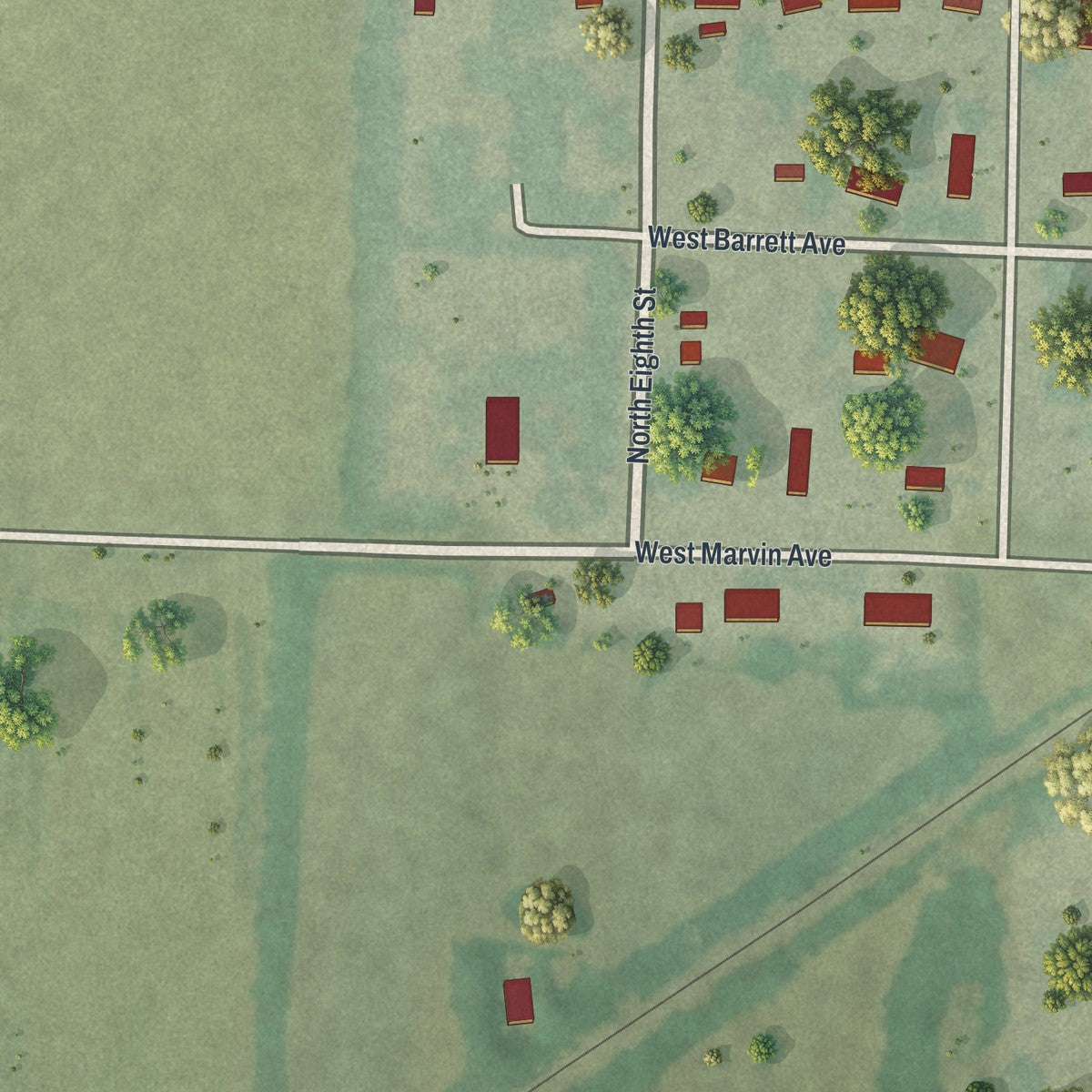 Second close-up of the map of Walker, Missouri print showing more streets and buildings