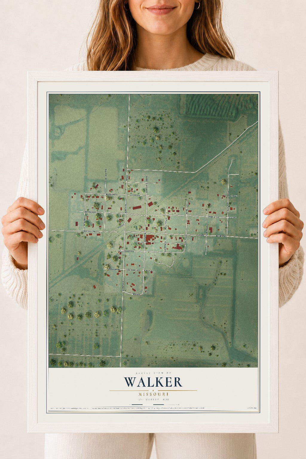 Map of Walker, Missouri, 18 x 24 inch print in a white wood frame