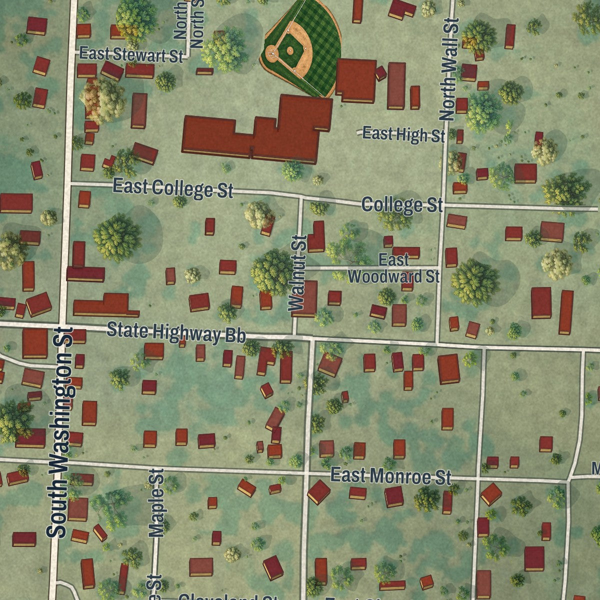 Close-up of the map of Walnut Grove, Missouri print showing street and building detail