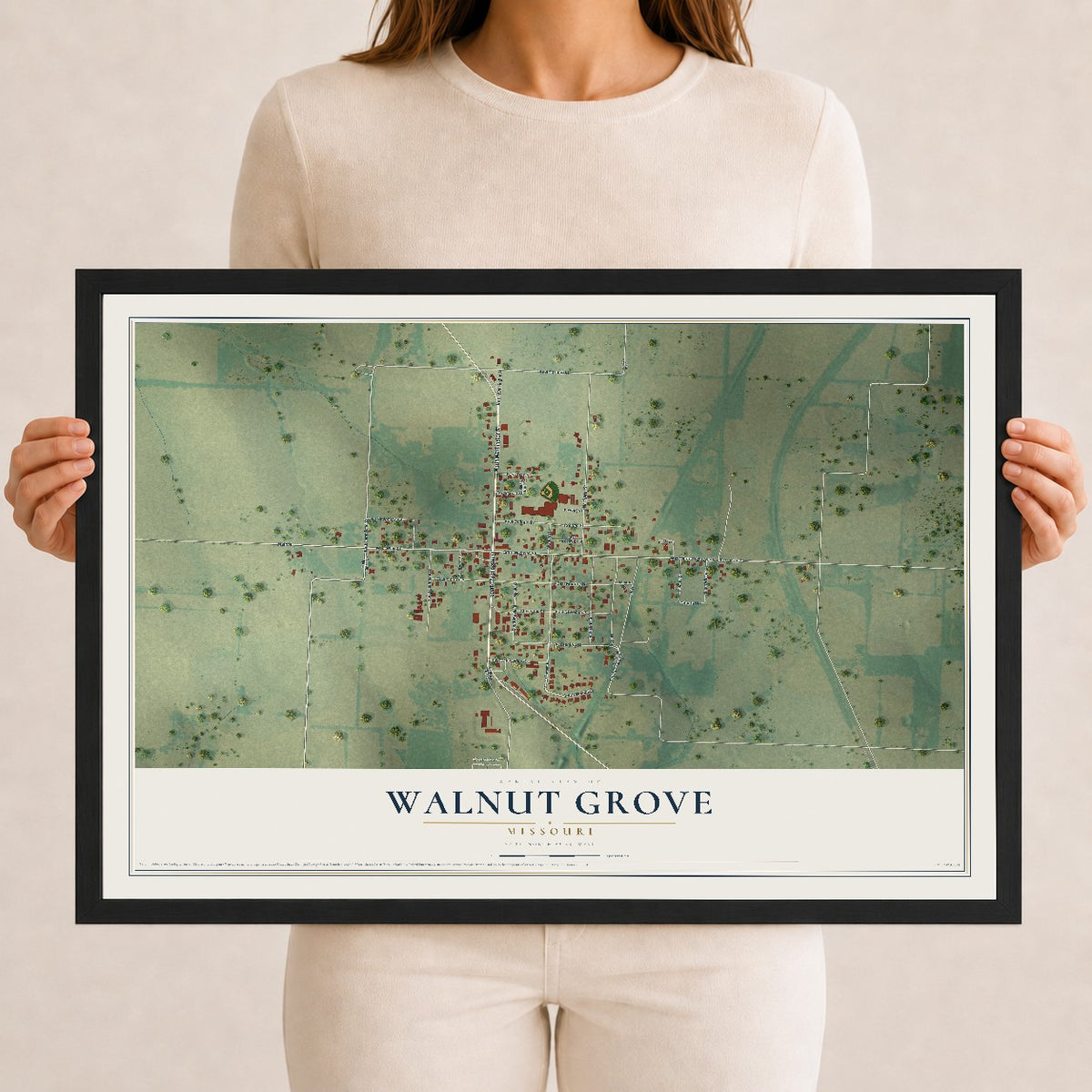 Map of Walnut Grove, Missouri, 12 x 18 inch print in a black wood frame