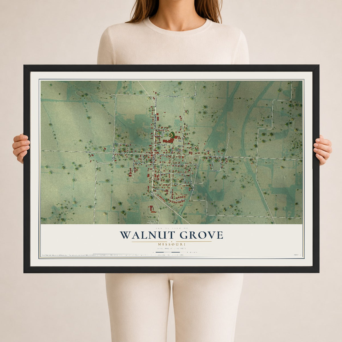 Map of Walnut Grove, Missouri, 24 x 36 inch print in a black wood frame