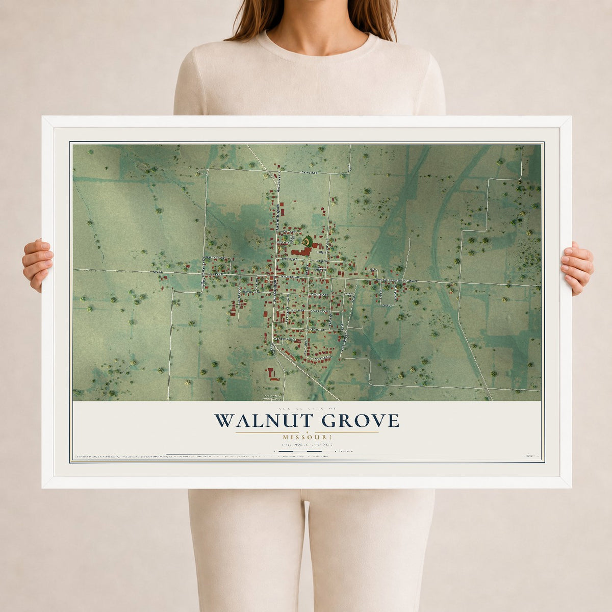 Map of Walnut Grove, Missouri, 24 x 36 inch print in a white wood frame