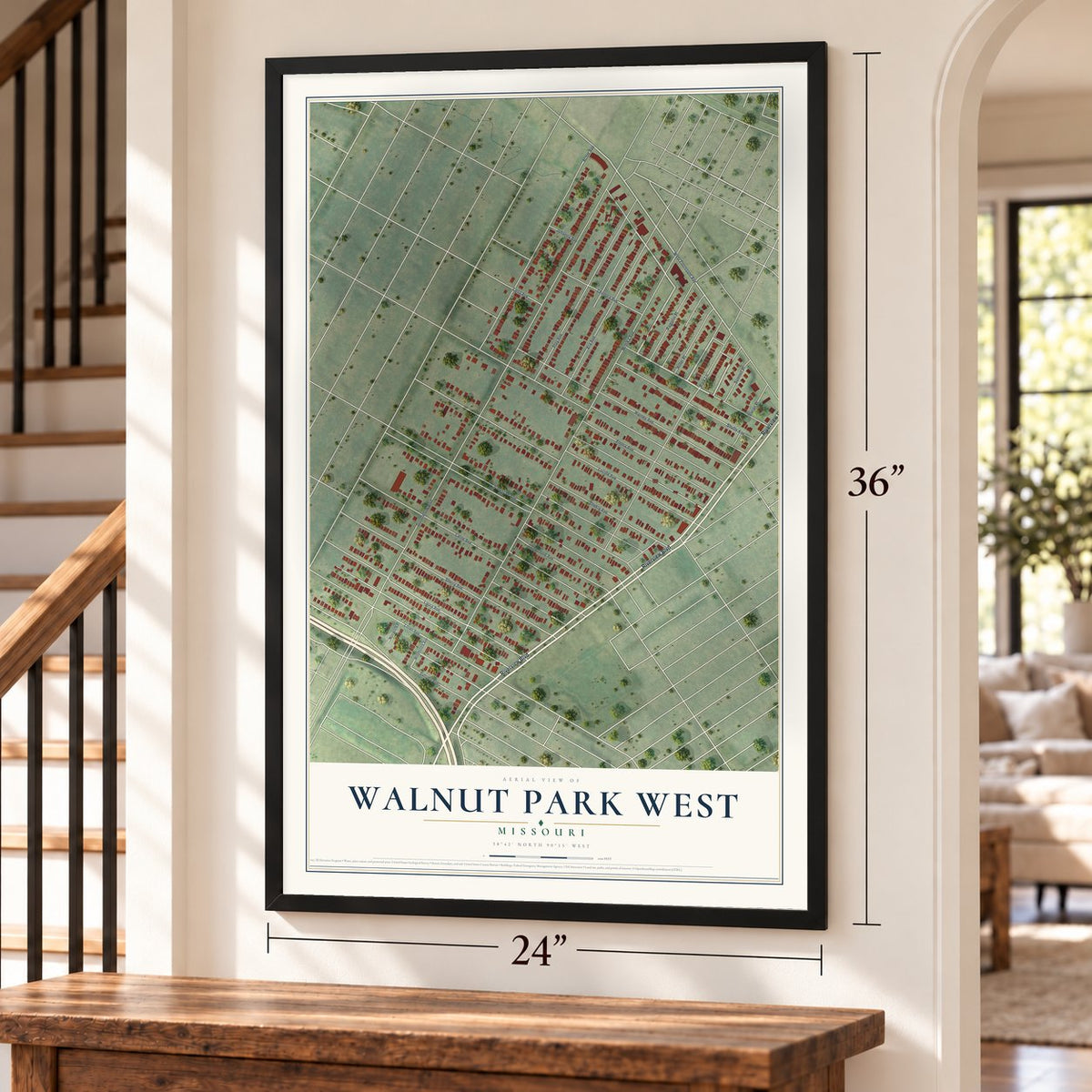 Walnut Park West, Missouri map, 24 x 36 inch print in a black frame by a staircase