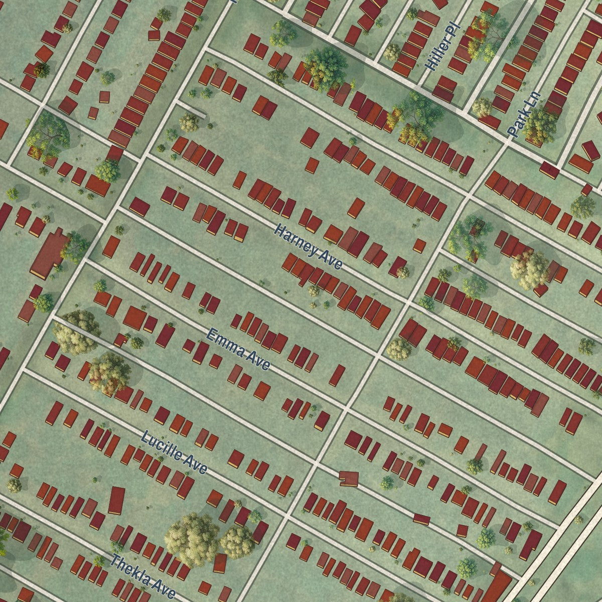 Close-up of the map of Walnut Park West, Missouri print showing street and building detail