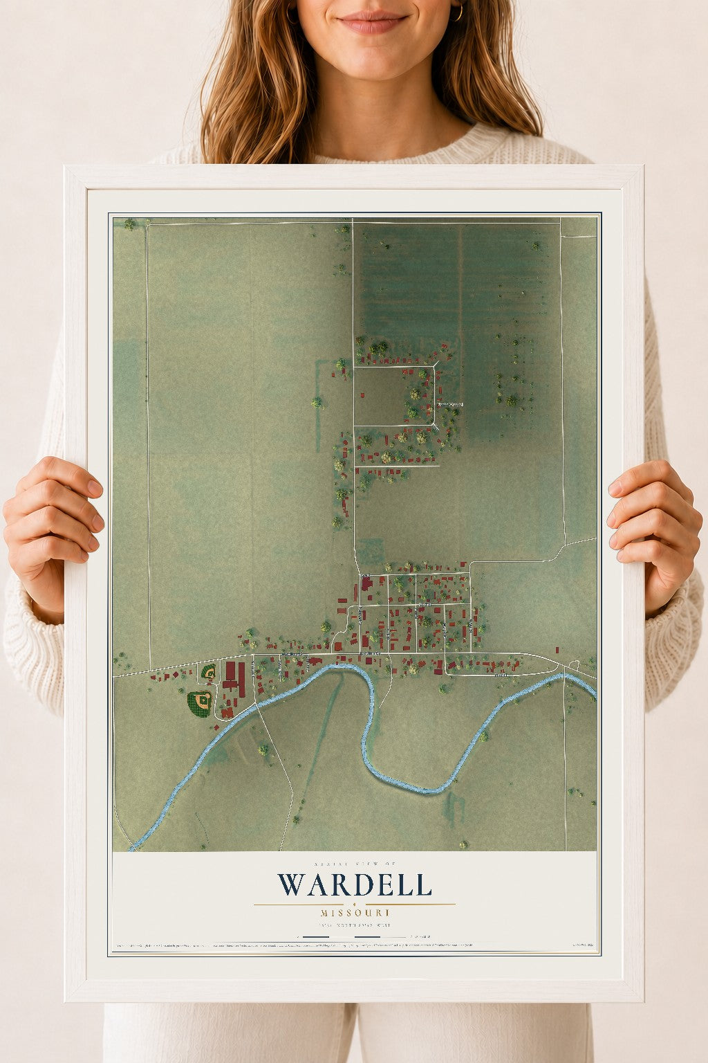 Map of Wardell, Missouri, 18 x 24 inch print in a white wood frame