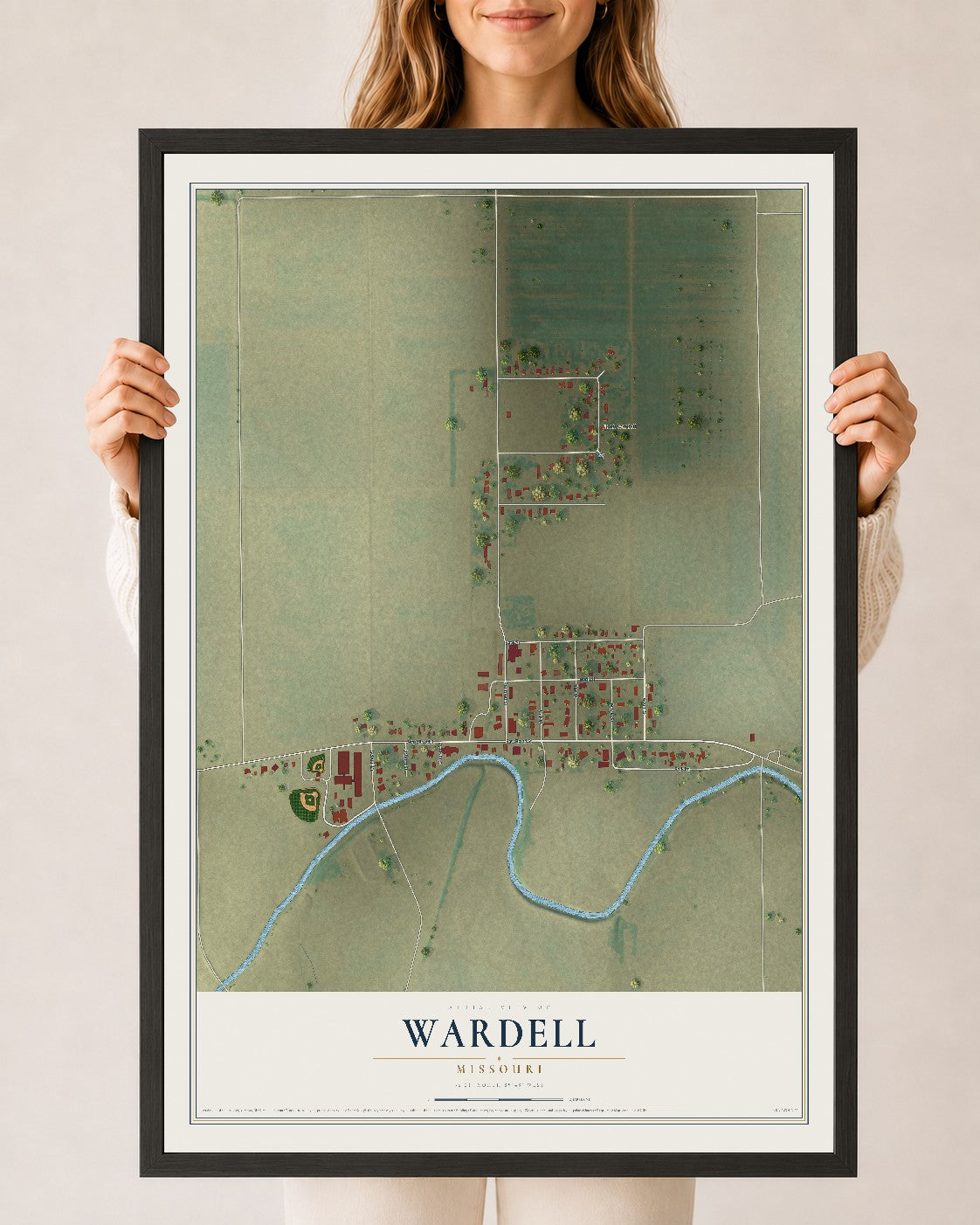 Map of Wardell, Missouri, 24 x 36 inch print in a black wood frame