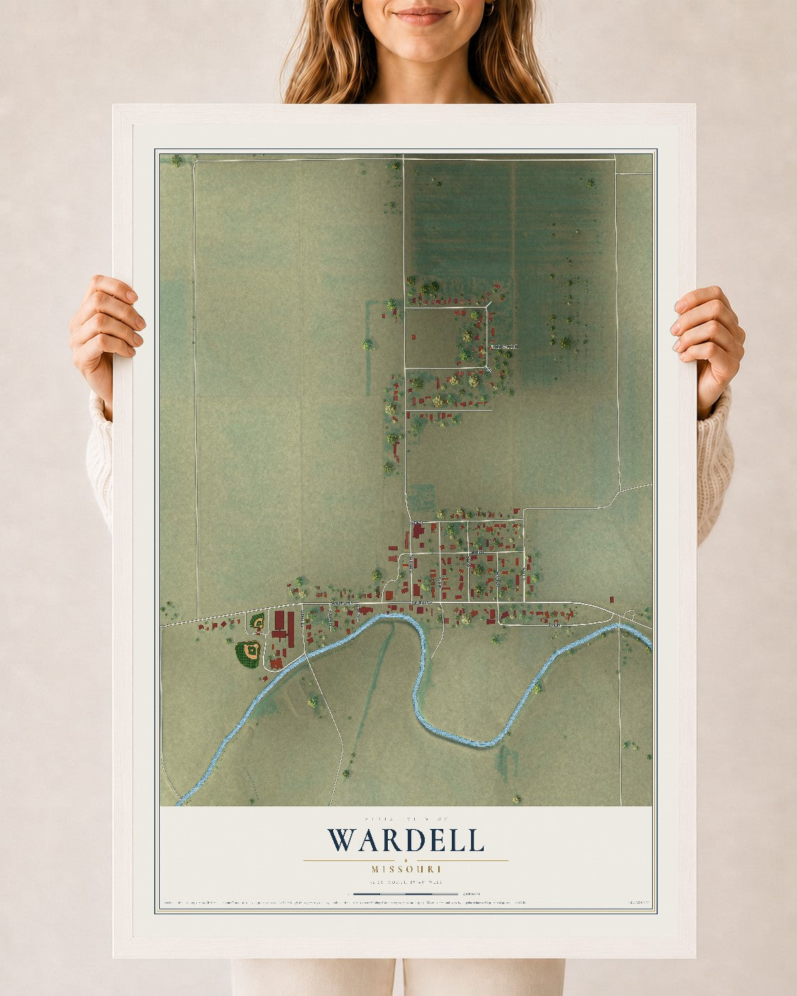 Map of Wardell, Missouri, 24 x 36 inch print in a white wood frame