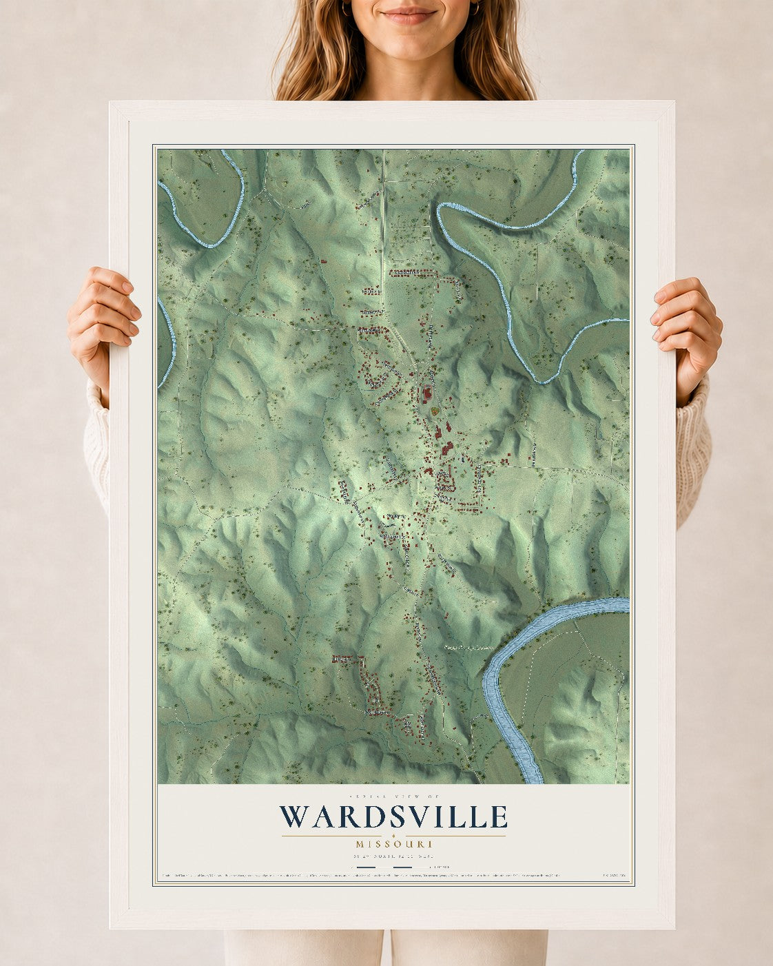 Map of Wardsville, Missouri, 24 x 36 inch print in a white wood frame