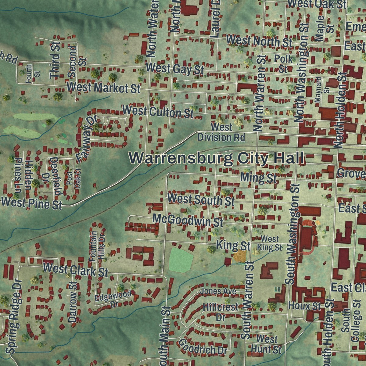 Close-up of the map of Warrensburg, Missouri print showing street and building detail
