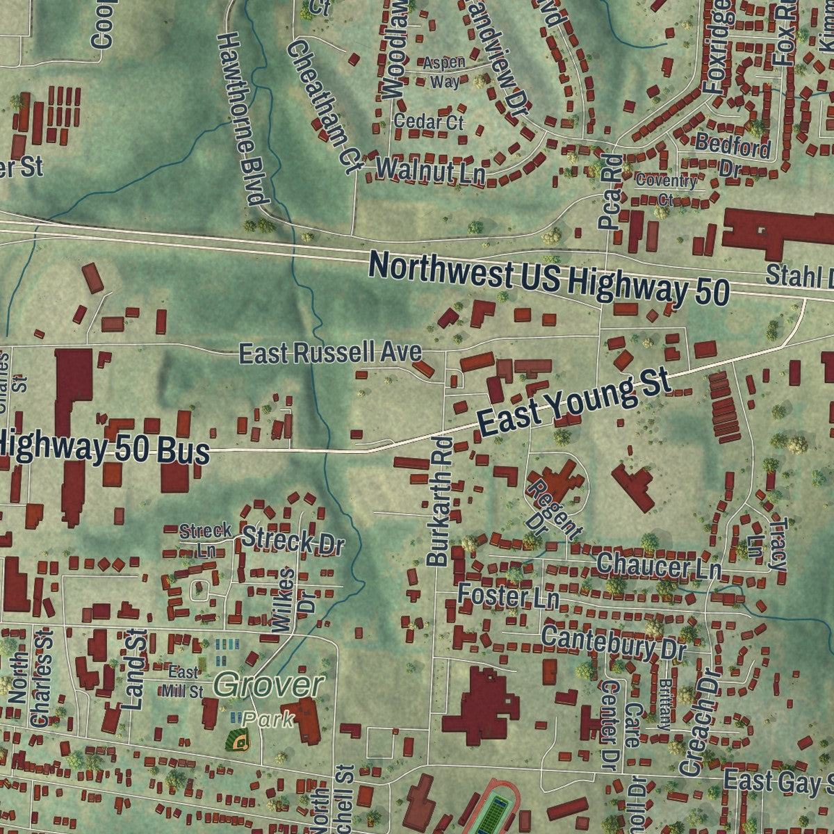 Second close-up of the map of Warrensburg, Missouri print showing more streets and buildings